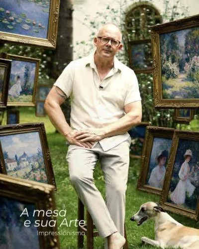 Homem sentado no jardim entre quadros impressionistas, série A mesa e sua Arte