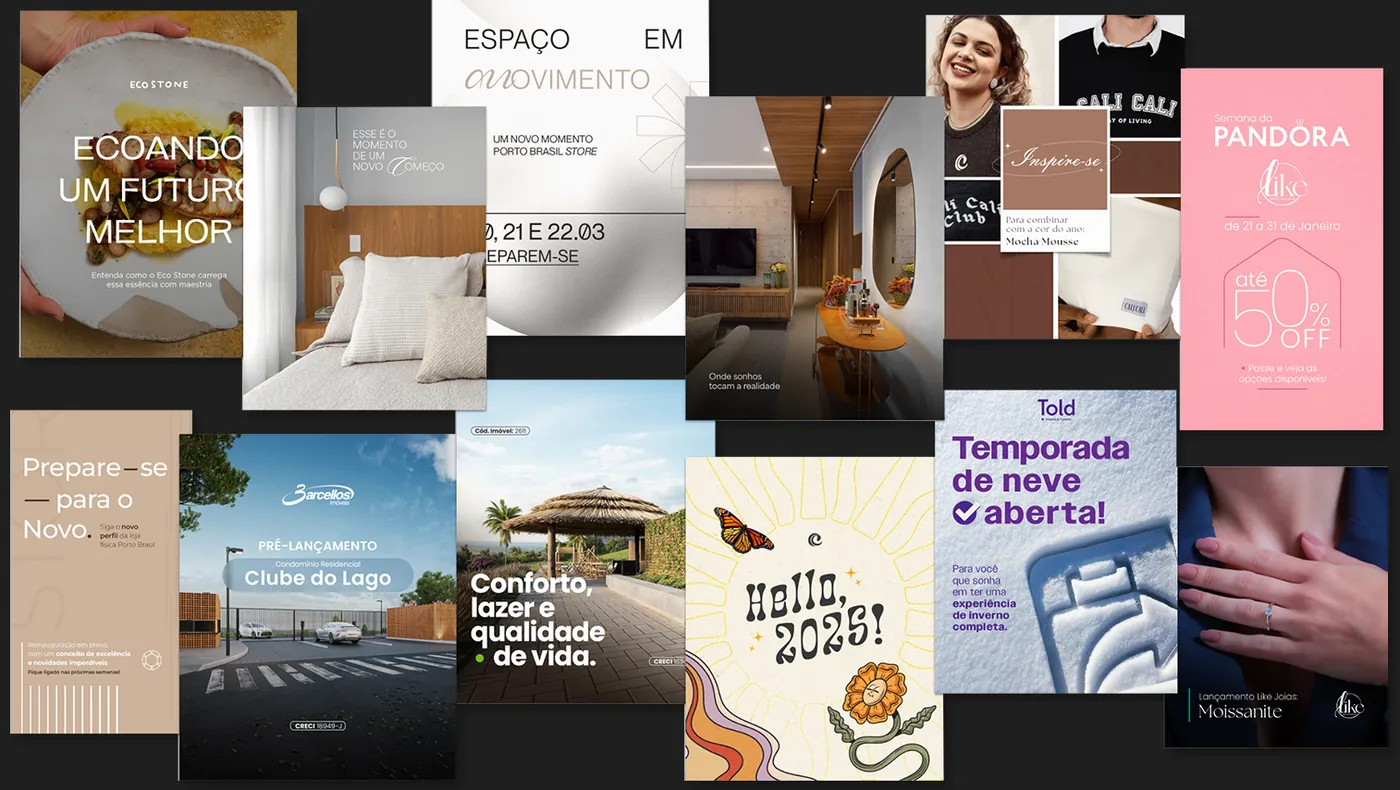Colagem de posts criados pela Growing para Eco Stone, Porto Brasil Store, Barcellos Imóveis, Told, Like Joias e outros clientes
